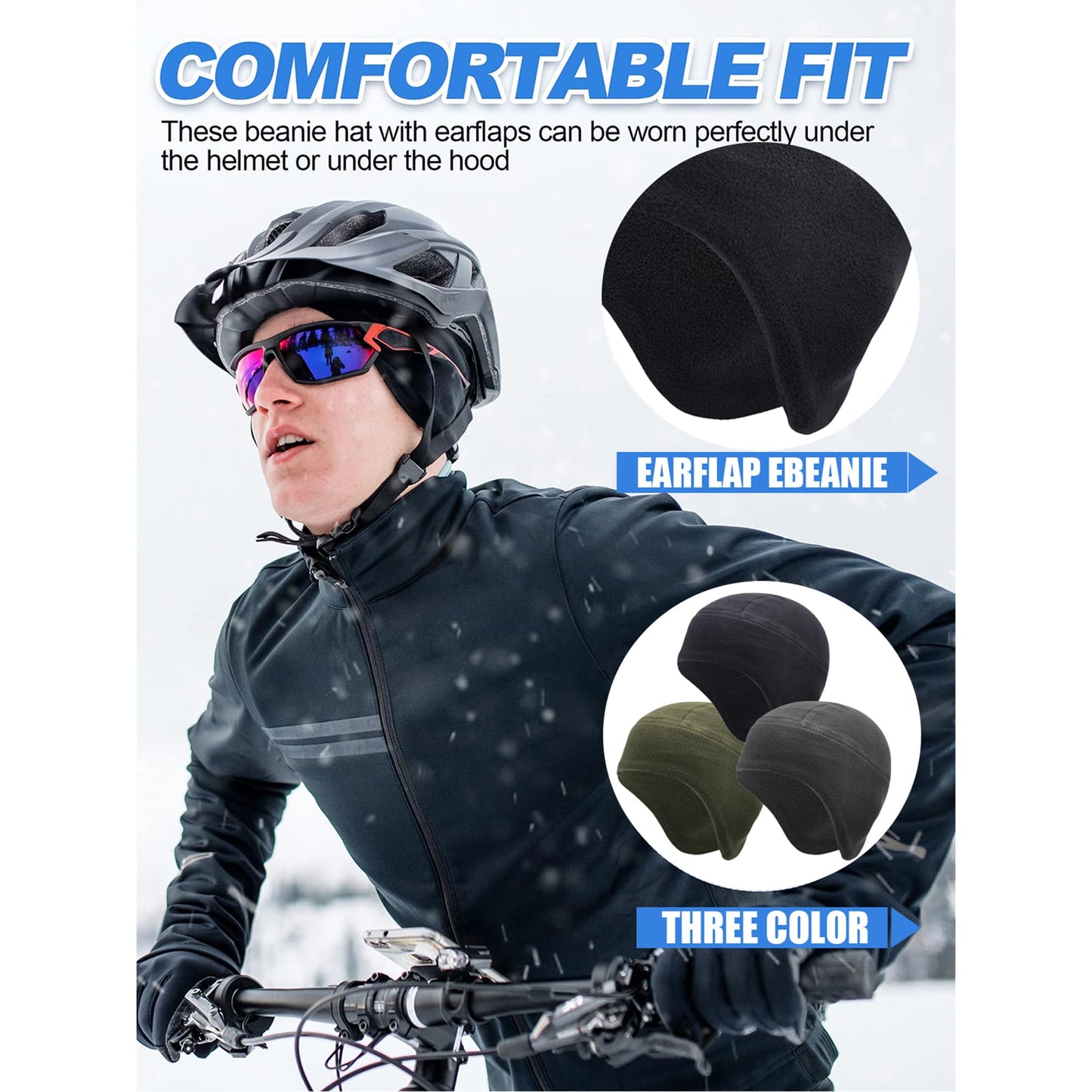 Skull Cap for Winter 2 Pack Men Women Bike Hat Helmet Liner Fleece Thermal Cap Work Athletic Fit Black & Gray