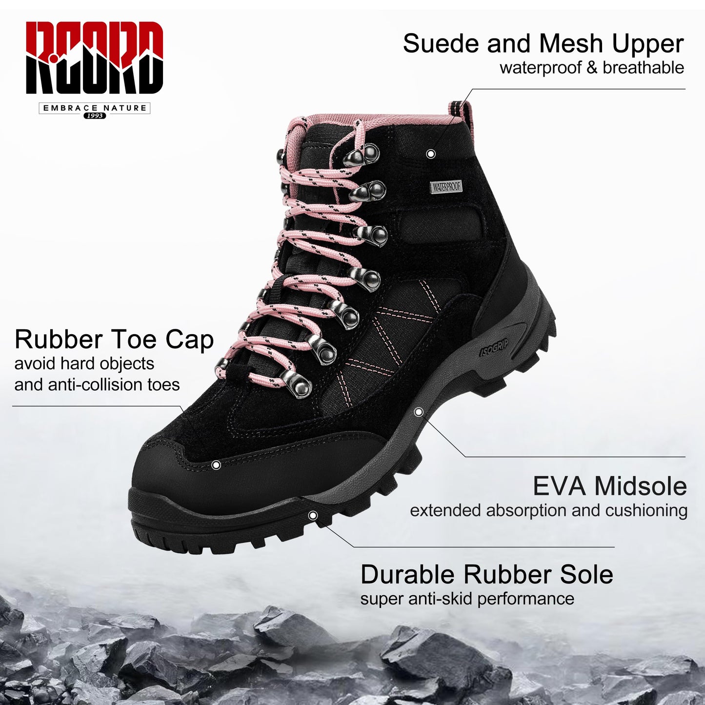 @ R CORD Womens Mid Waterproof Hiking Boots Outdoor Breathable Hiking Shoes Work Boots Sport Sneakers Pink Size 8.5