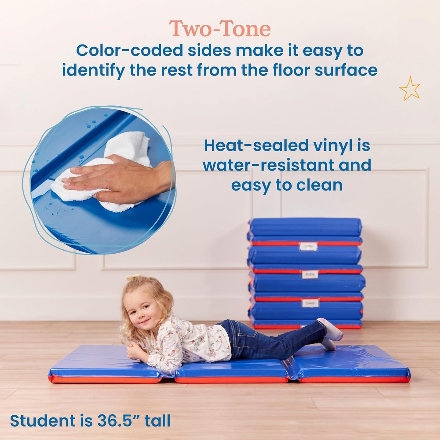ECR4Kids Premium Folding Rest Mat - 3-Section Sleeping Pad | Blue/Red, 2-Inch Thick