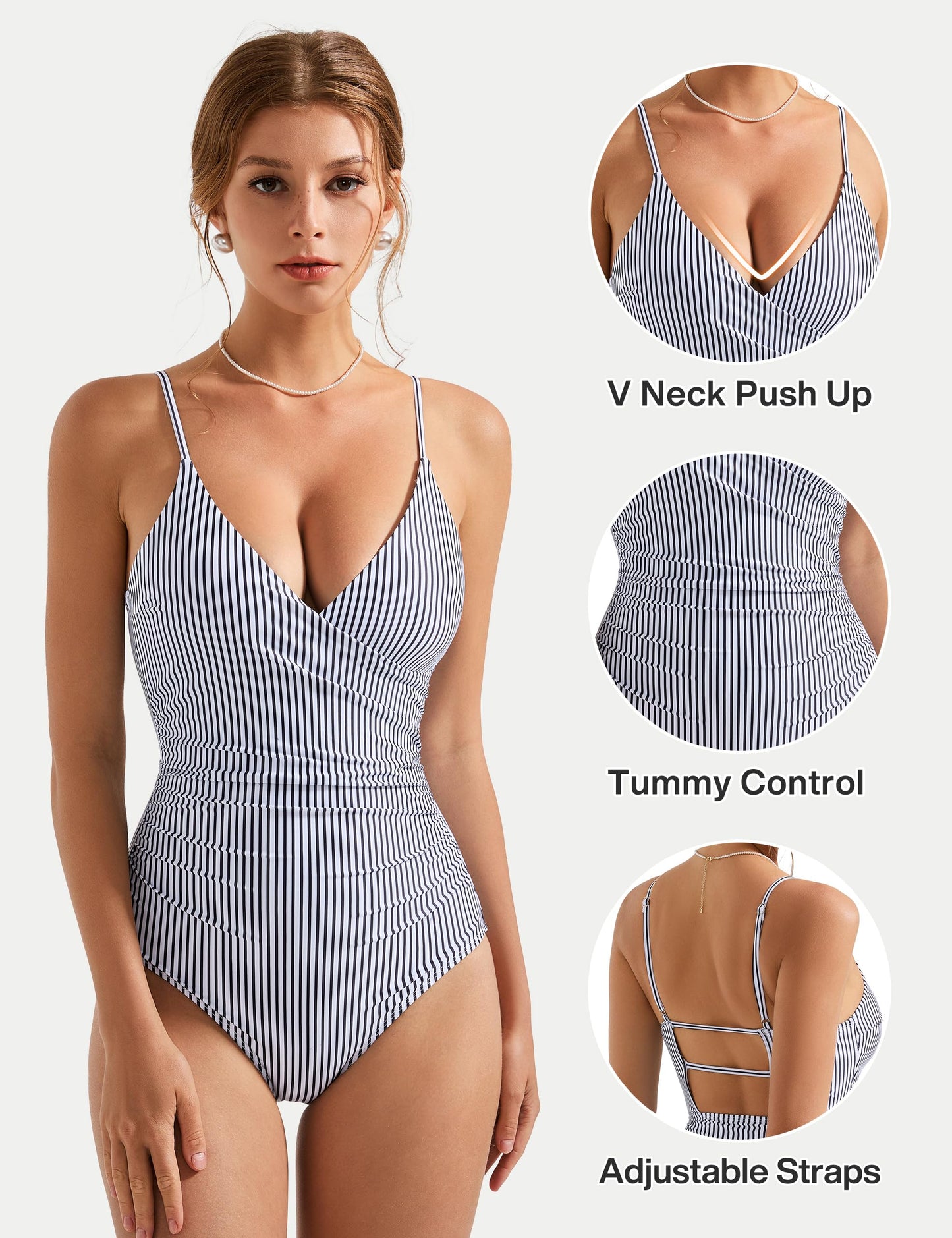 SUUKSESS Women Sexy Wrap Push Up One Piece Swimsuit Slimming Tummy Control Bathing Suit Retro Backless Cut Out Swimwear (White Black Striped,M)