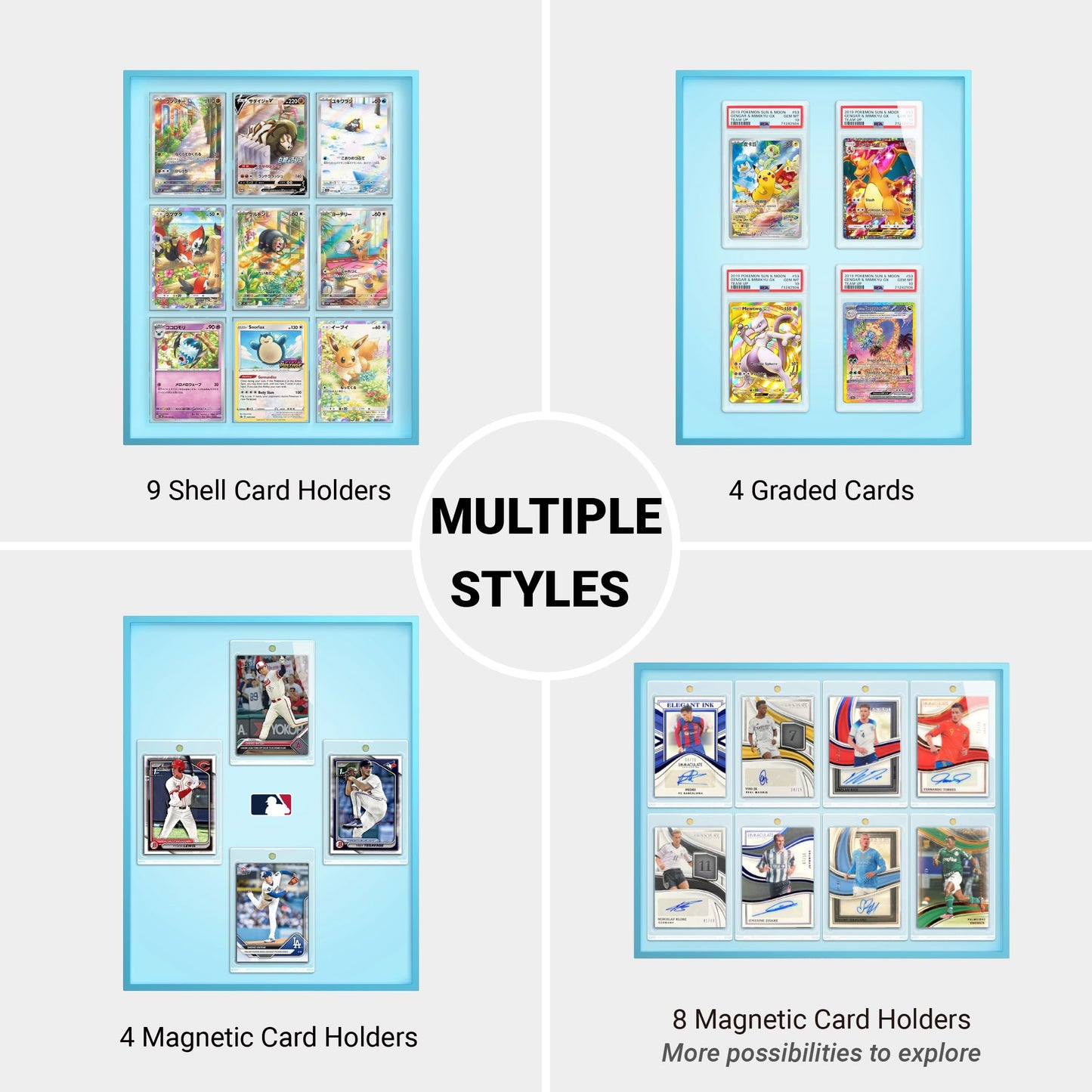 Glacier Blue 9-Card Display Case, Seamless Aluminum Frame with Tempered Glass for Graded Cards, Baseball Football Basketball Sports Card & TCG, Wall Mount Trading Card Frame, Includes 9 Shell Holders