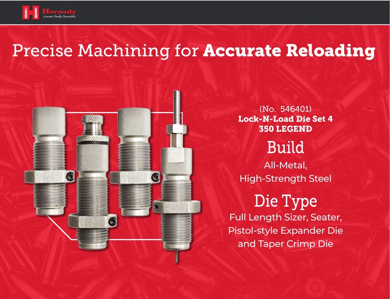 Hornady Custom Grade New Dimension 4-Die Set, 350 Legend (.335) (546401) - Caliber Specific Reloading Equipment for Handloaders with Full Length Sizer Die, Seating Die, Sure-Loc Rings, & Storage Box