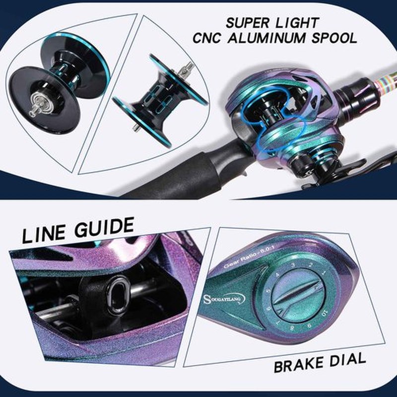 Souagyilang BaitCasting Fishing Rod Reel Combo,2 Pieces Medium Heavy Pole with Super Smooth Casting Gear Baitcster Combo (6.9ft Right Hand)