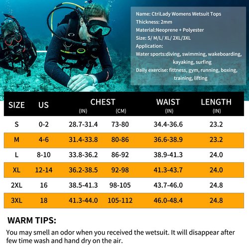 CtriLady Wetsuit Top, Women’s Wetsuit Long Sleeve Jacket, Neoprene 2mm Wetsuits with 2 Zipper Pockets for Swimming Diving Surfing and Boating (Blue, XX-Large)