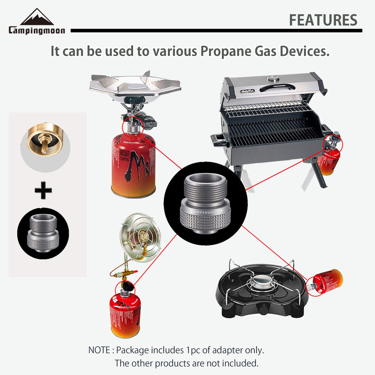 CAMPINGMOON Camping Grill Propane Gas Stove Adapter, Input: EN417 Lindal Valve Canister, Output: Propane Gas Stove Z20