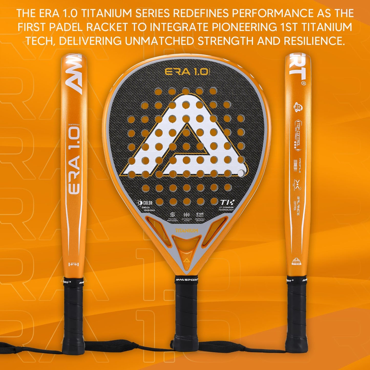 AMA SPORT ERA 1.0 Padel Racket Titanium Carbon Fiber Surface with EVA Flex Foam Core Paddle Racket Lightweight Power & Precision Control Padel Racquet for Intermediate and Advanced Players (Gold)