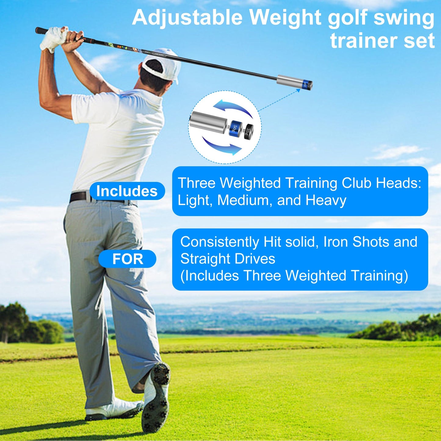 Asyxstar Golf Swing Trainer Golf Training Aid for Strength & Swing Speed, Golf Warm-up Stick for Tempo & Flexibility Training, Golf Training Club, with 3 Weights Adjustable Golf Swing Trainer