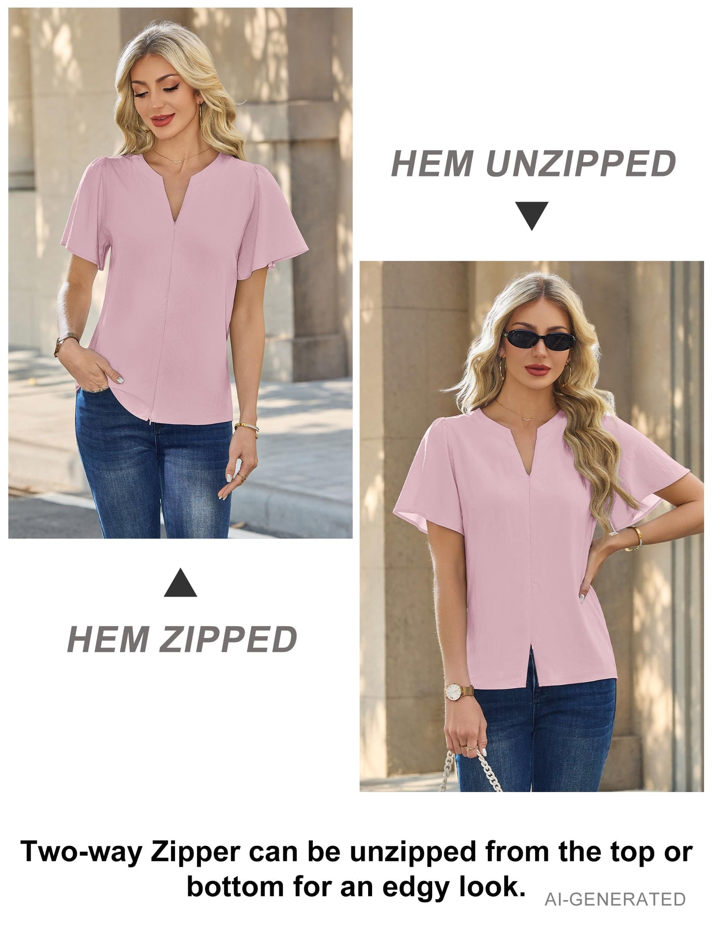 Blooming Jelly Womens Dressy Casual Blouses Business Work Summer Tops Zip Ruffle Short Sleeve Cotton Shirts Trendy Spring Outfits (Pink,Medium)