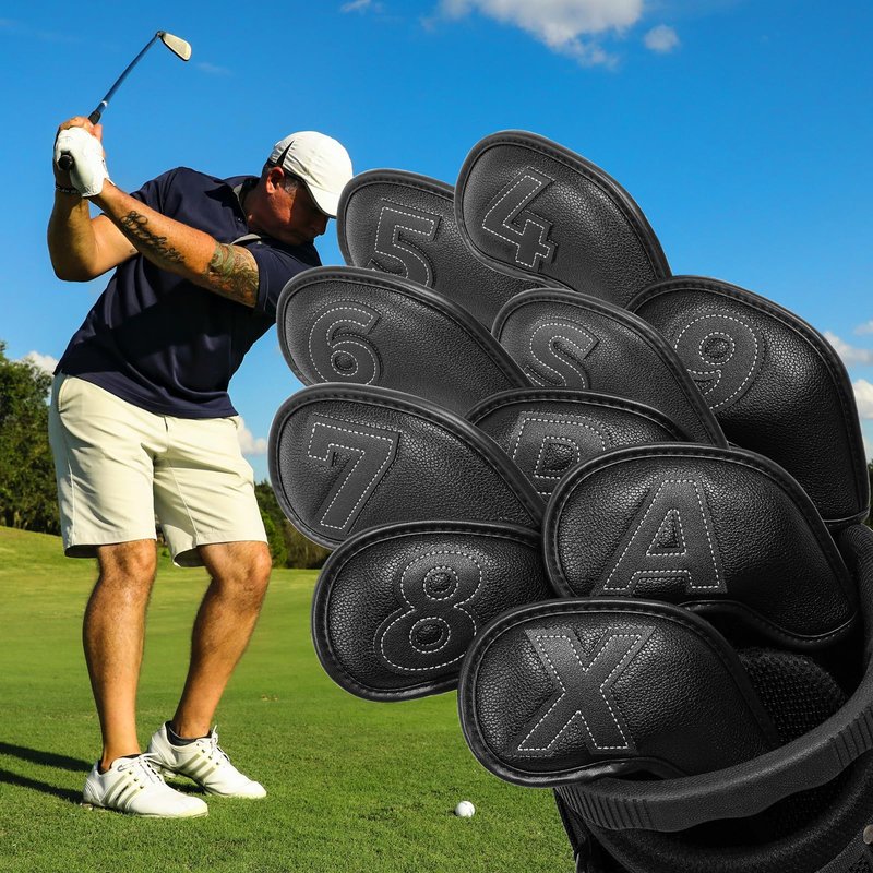 Craftsman Golf 10pcs Clean and Simple Black Iron Headcover Set Premium Leather Large No. on Both Sides Easy for Recognize Magnetic Closure