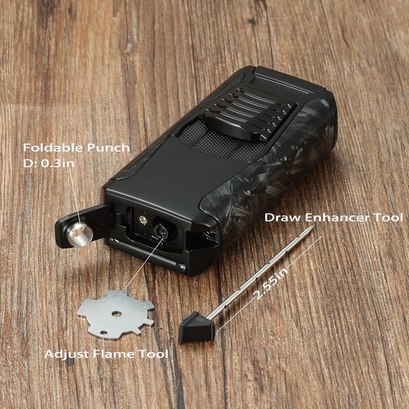 All in One 3 Jet Flame Butane Torch Lighter Built-in Cutter Cut, Punch, Holder Function, Draw Enhancer Tool, Refillable Windproof Gas Lighter (Sold Without Gas) ﻿ (Red Wood Grain)
