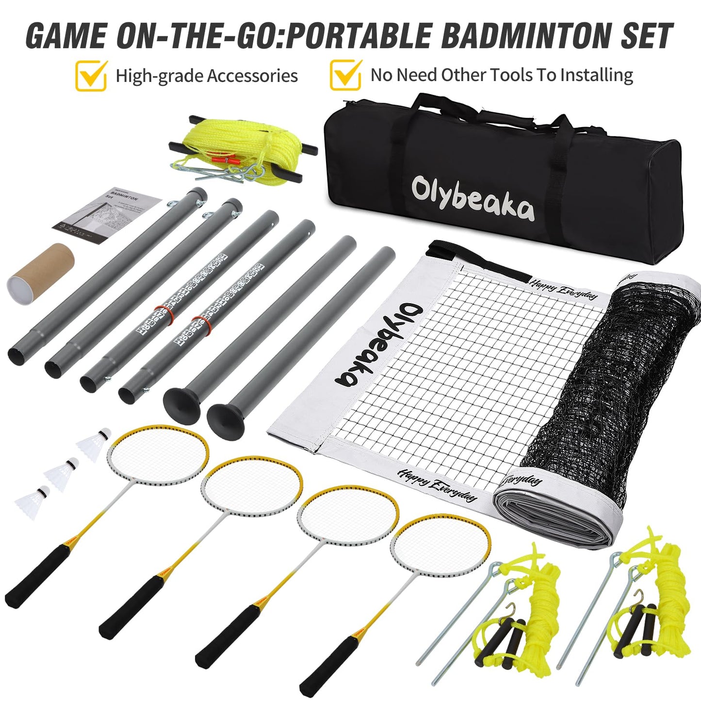 Portable Outdoor Badminton Net Set System for Backyard Lawn Beach, with Durable Net, 4 Carbon Aluminum Rackets, 3 Birdies and Carrying Bag