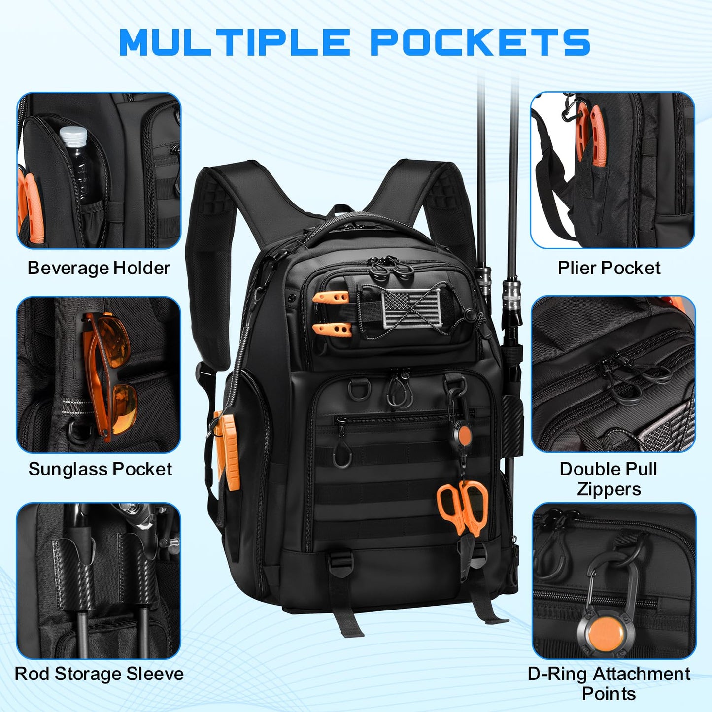 BAIXIXIG 50L Fishing Tackle Backpack with Removable Lure Wraps,2 Rod Holders Storage Fishing Gear and Equipment