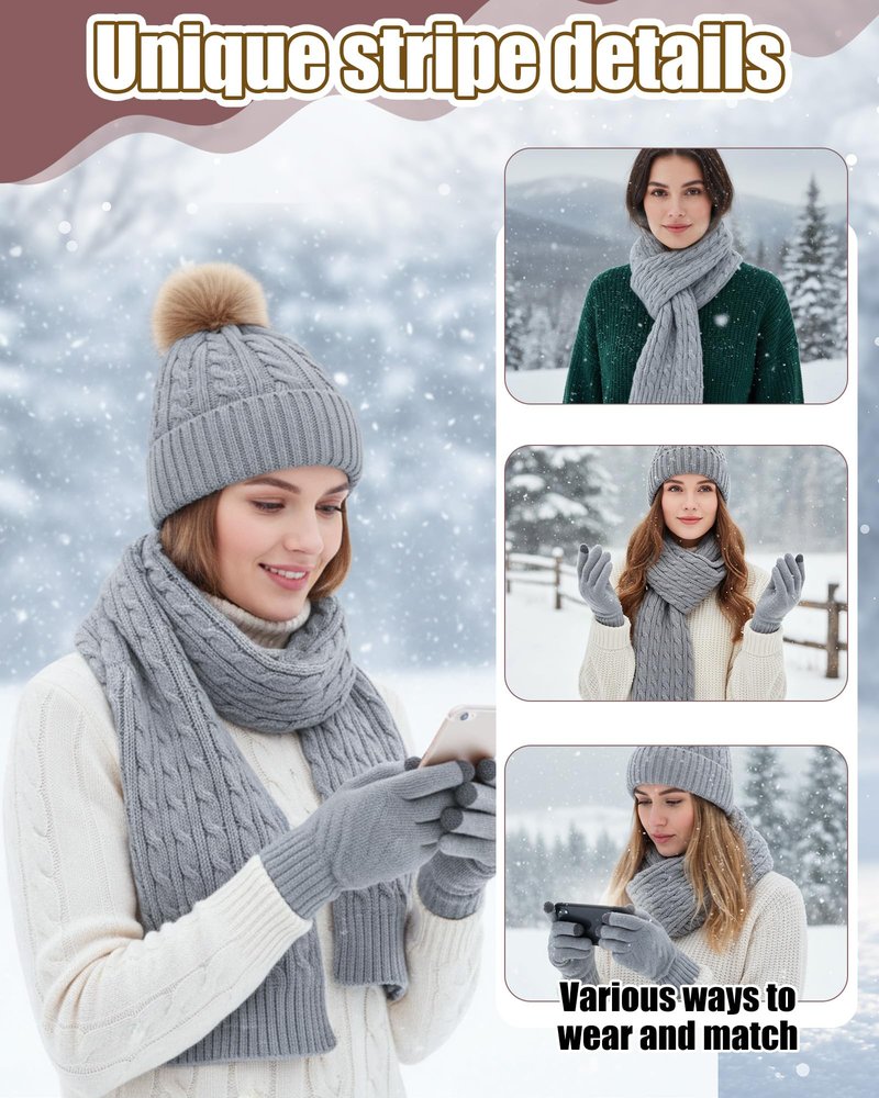 Suhine 8 Pcs Women Hat Scarf Gloves and Earmuff Set Winter Knit Beanie Pompom Hat Warm Touch Screen Gloves for Men Adult(Black, Gray,Stain,Chunky Twist Style)