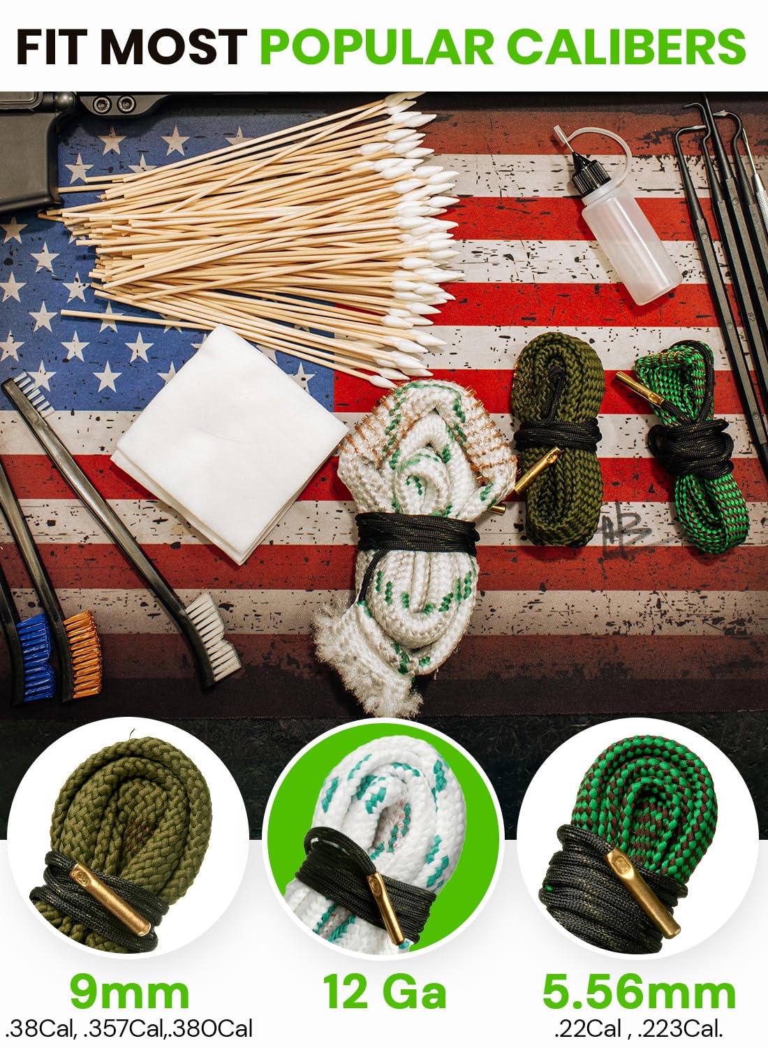 Bore Cleaner Gun Cleaning Kit for 12Ga / 5.56 / 9mm Gun Cleaning Snake, Gun Cleaning Supplies Incl. 1.69oz Clp Gun Cleaning Oil, Gun Cleaning Patches, Gun Cleaning Swabs, Gun Brushes, Cleaning Picks