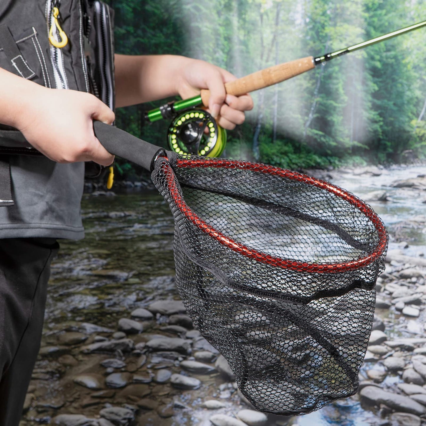 Alwonder Fly Fishing Net with EVA Handle, Fishing Landing Nets CNC Aluminum Alloy Frame, Rubber Coated Mesh Trout Net Kayak Nets for Trout Crappie Bass Sunfish Bulegill Panfish - Red