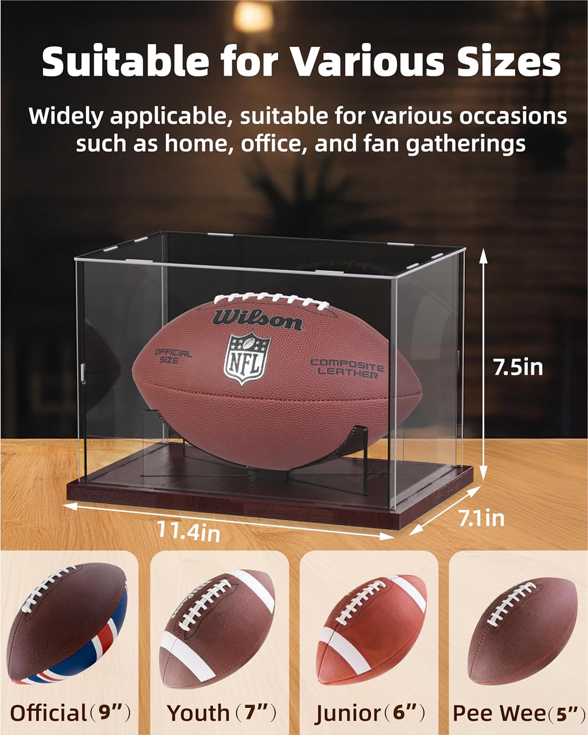 Acrylic Football Display Case - Full Size Stand Holder with Solid Wood Base | UV Protected for Fans & Collectors