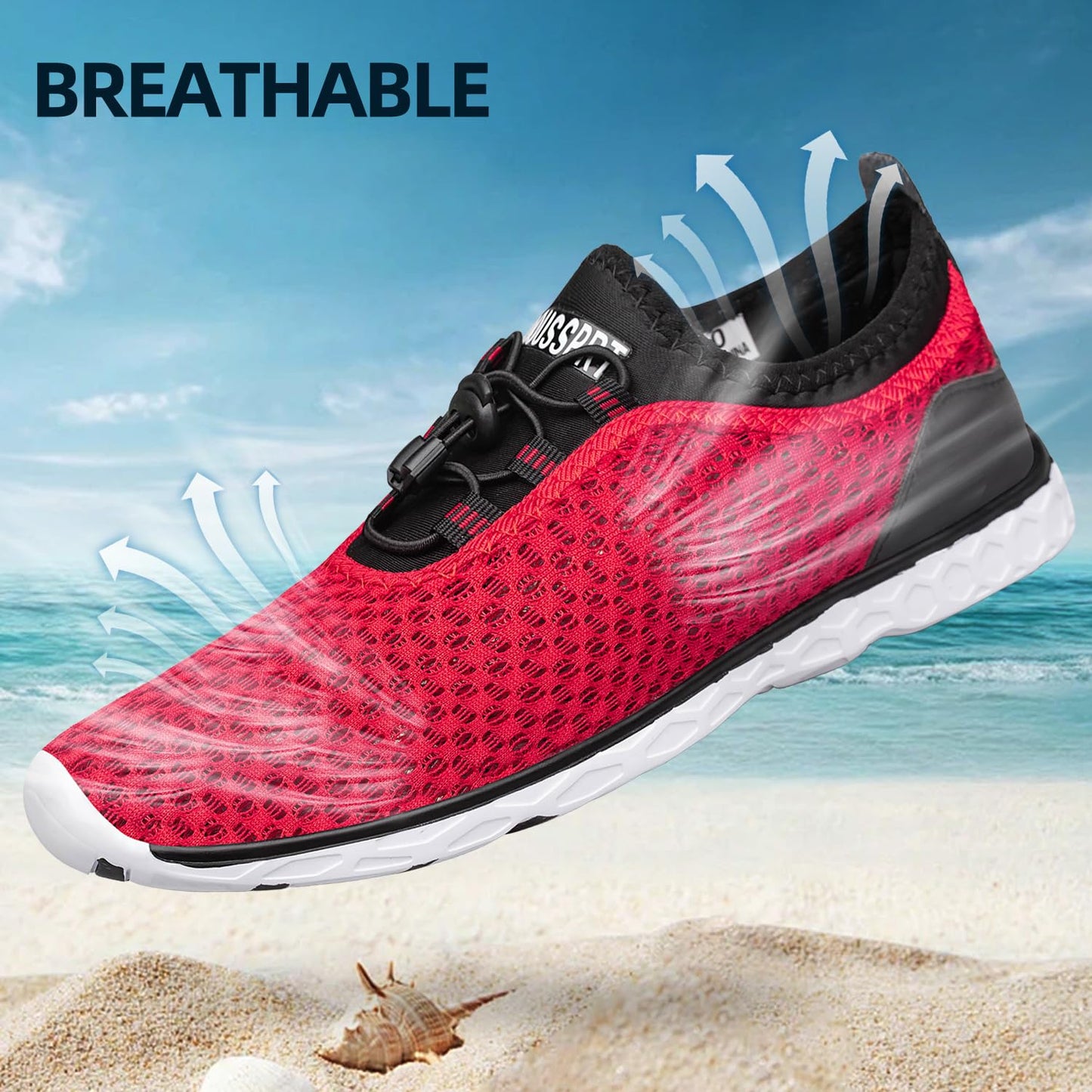 DOUSSPRT Men's Water Shoes Quick Dry for Beach Swim Pool Fishing Redwhite