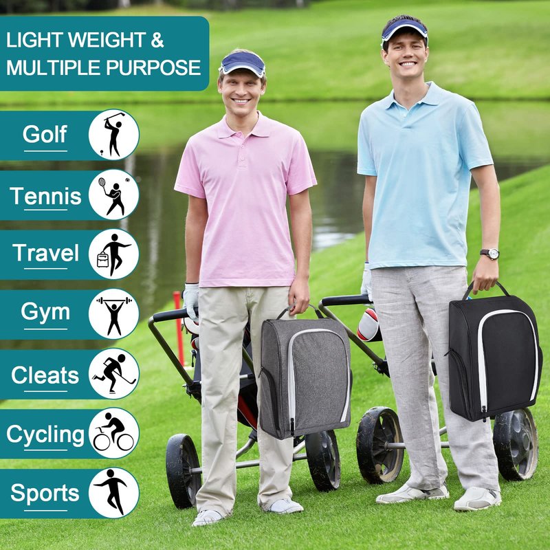 Funtery 2 Pcs Golf Shoe Bag for Travel Zippered Sports Shoe Carrier Tote Bags Golf Accessories with Ventilation Outside Pocket for Balls Tees Socks Accessories Men Women(Black, Gray)