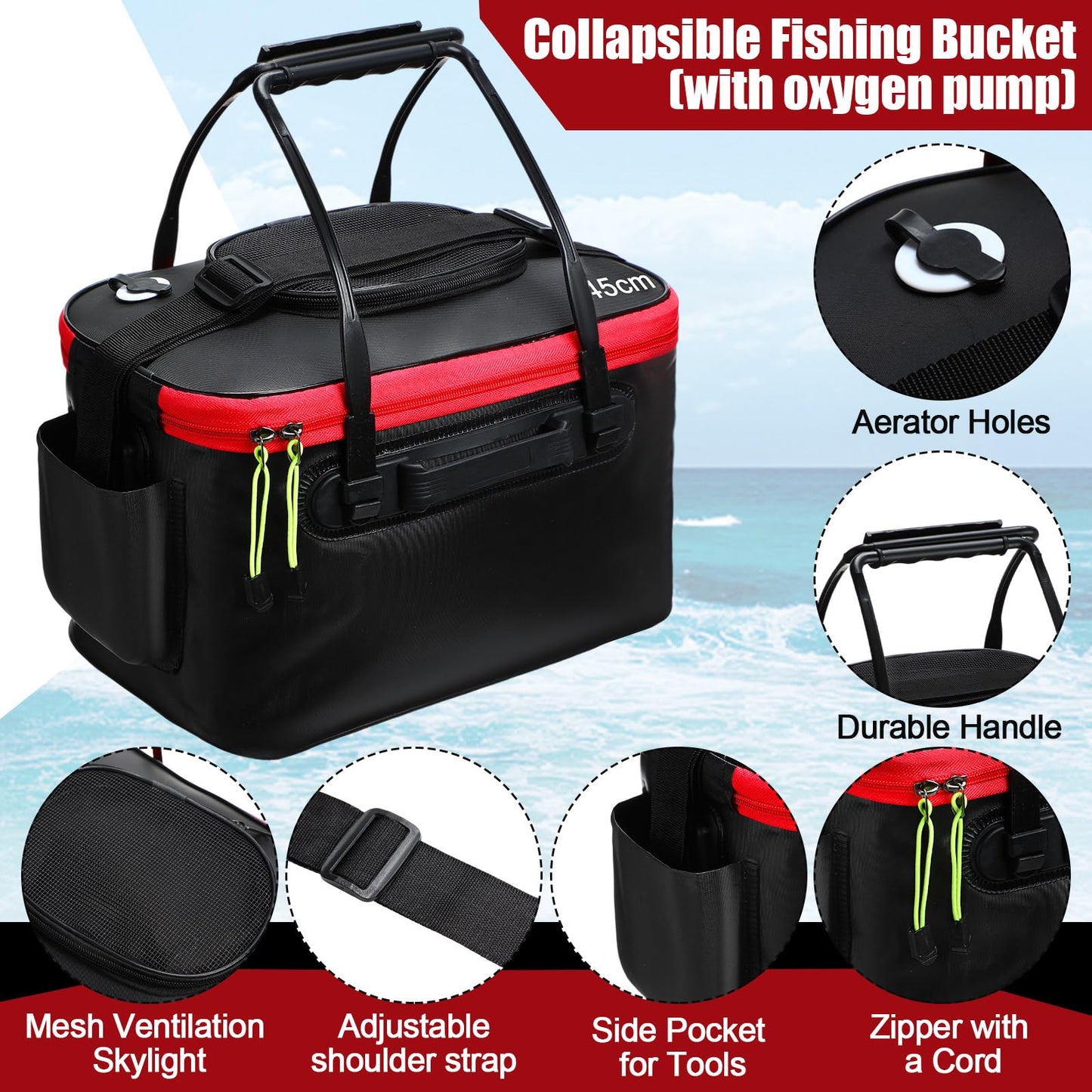 Cosblank 2 Pcs Fishing Bucket and Live Bait Aerator, Foldable Multi Functional Live Bucket Portable Quiet Aerator Outdoor Camping Fishing EVA Bag(Black,8 Gallon)