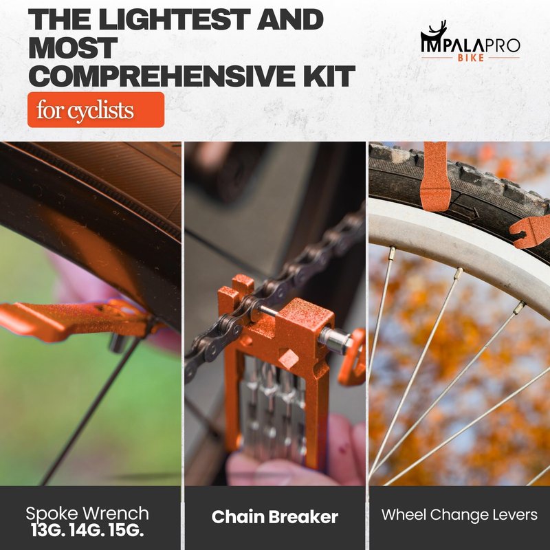 IMPALAPRO Bike Tool Kit Portable 20 in 1 Compact and Lightweight (117.5g) Chrome-Vanadium (CRV) - Bike Multitool with Chain Breaker - MTB Multitool - Bike Repair Tools (Orange)