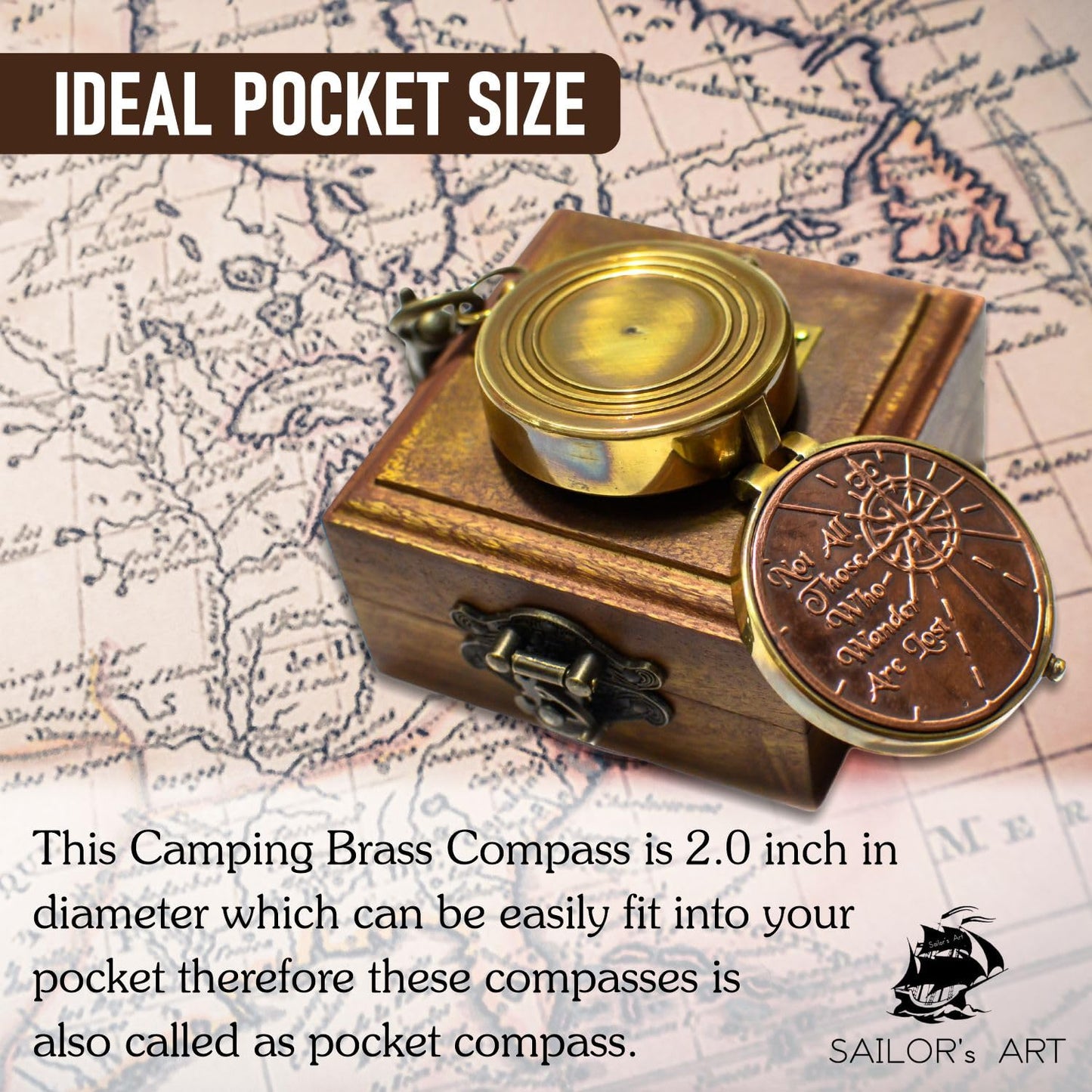Sailor's Art Vintage Style Brass Pocket Compass with Wooden Box, Quote Engraved, Gifts for Kids Children Teen Family, Nautical Navy Compass, Baptism Gifts, Confirmation Gifts