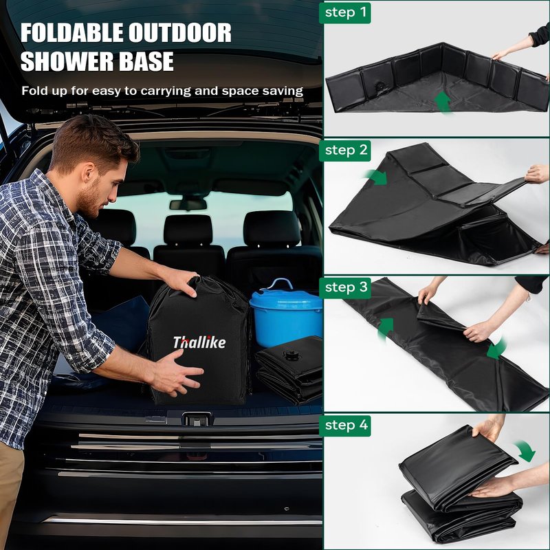 Thallike Upgraded Portable Shower Pan, 41" x 41" x 10" Outdoor Shower Base with Detachable Drain Pipe, Foldable Camping Shower Base for Beach, RV, and Indoor