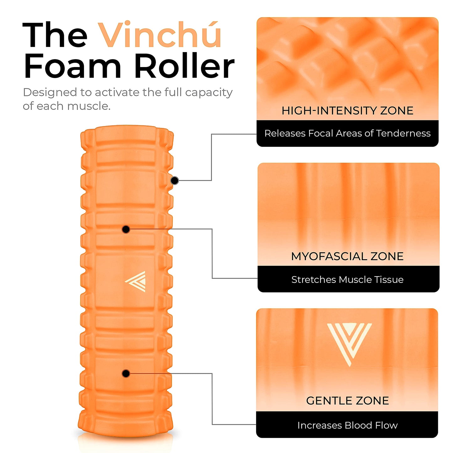 The Vinchu Foam Roller - Deep Tissue Massage Muscle Roller and Stretching Equipment for Sustainable Strength and Myofascial Trigger Point Release (Orange)