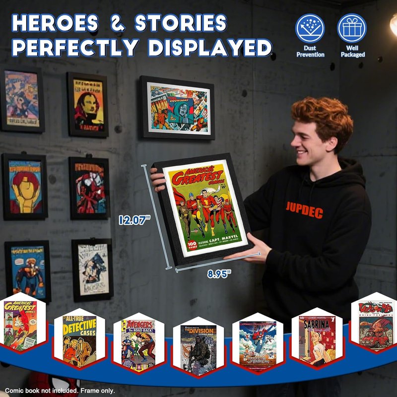 Comic Book Frame - Premium Wood Display Case for 6.7" x 10.2" Comics | Wall Mount or Tabletop Stand, White