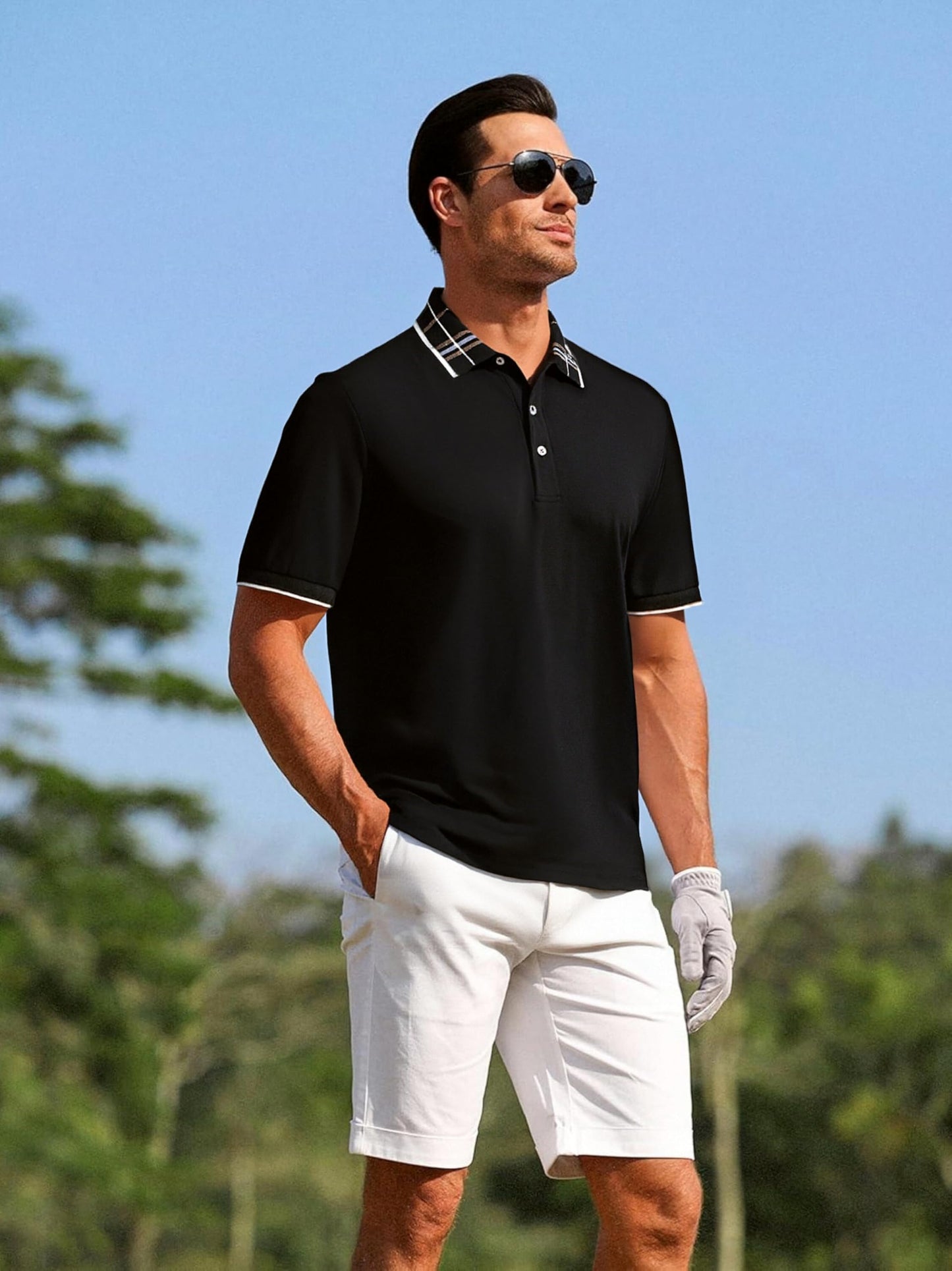 Alex Vando Mens Golf Shirts Moisture Wicking Quick-Dry Short Sleeve Fashion Designed Polo Shirts for Men,Black,M