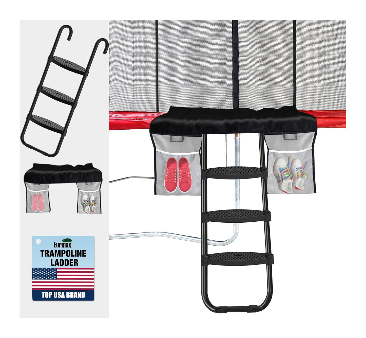Eurmax USA Universal Trampoline Ladder,240 lbs Capacity,3 Wide Skid-Proof Steps&Shoe Storage Pocket,UV-Resistant Steel Stairs for Kids,Heavy Duty Universal Hook Fit,Trampoline Accessories for Children