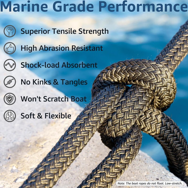 Dock Lines - 3/4" x 35' Marine Grade Nylon Boat Rope with 18" Loop | Heavy Duty, Fray Resistant, Easy Handling - Black - 2 Pack