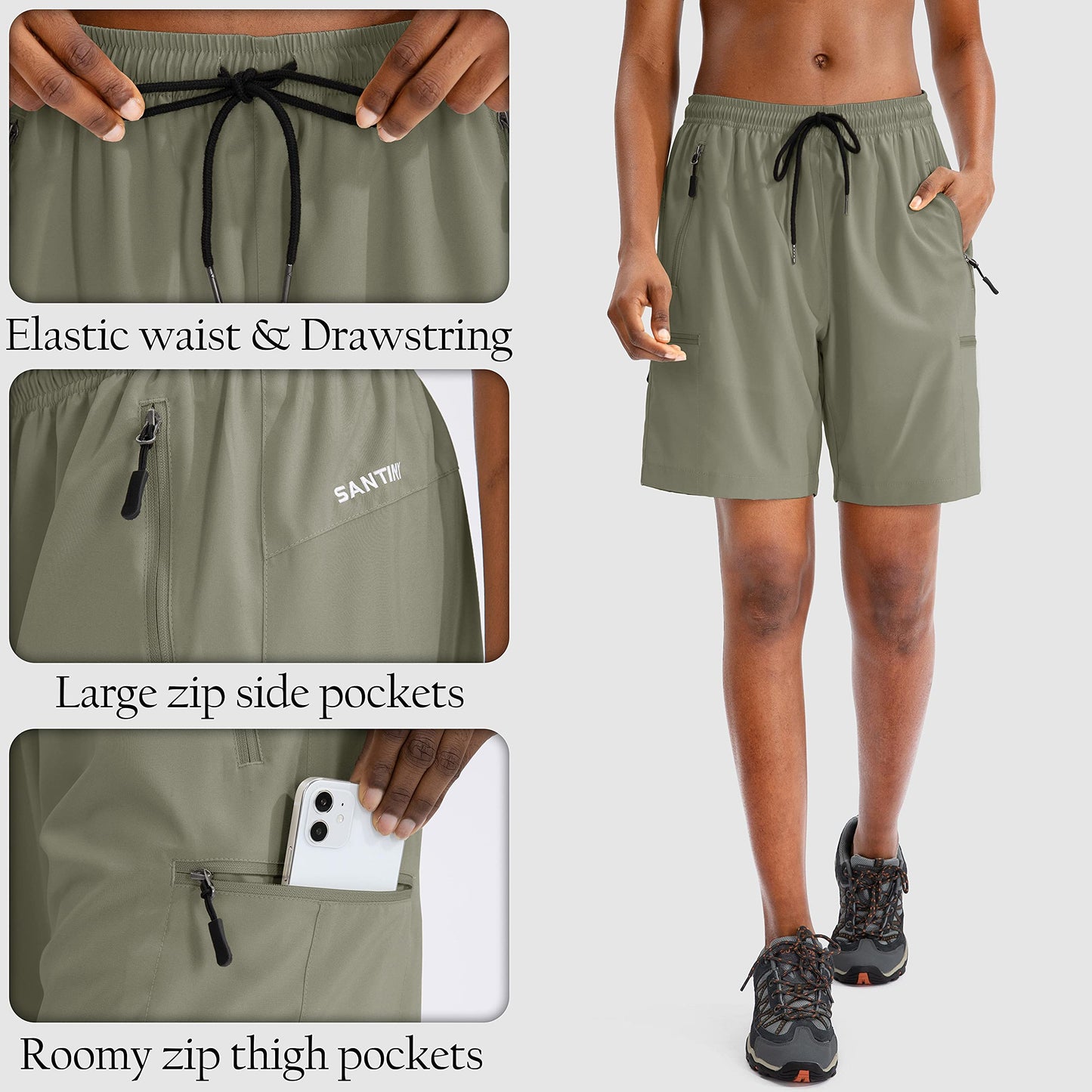 SANTINY Women's 5''/ 7''/9'' Hiking Cargo Shorts Quick Dry Lightweight Summer Shorts for Women Athletic Golf Zipper Pockets(Silver Sage_XL)