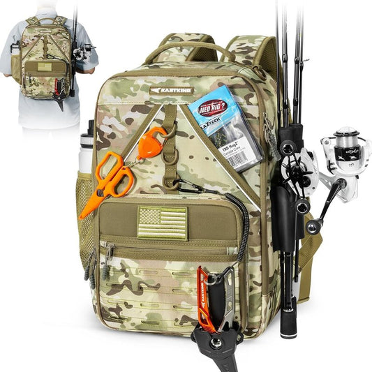 KastKing Fishing Tackle Backpack - Water-Resistant Gear Bag with 2 Rod Holders | Khaki Camo, Large Storage