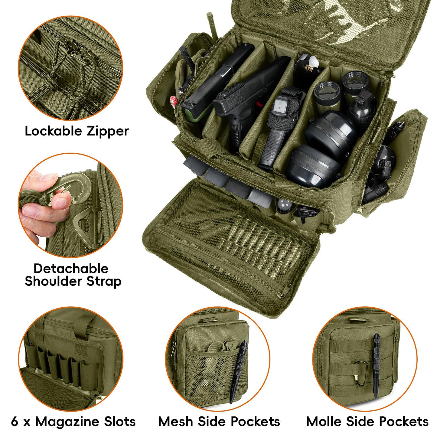 DULCE DOM Tactical Gun Range Bag for Handguns & Pistols - Lockable Compartment, Ammo Storage, Magazine Slots, Durable Range Essentials Bag (GREEN)