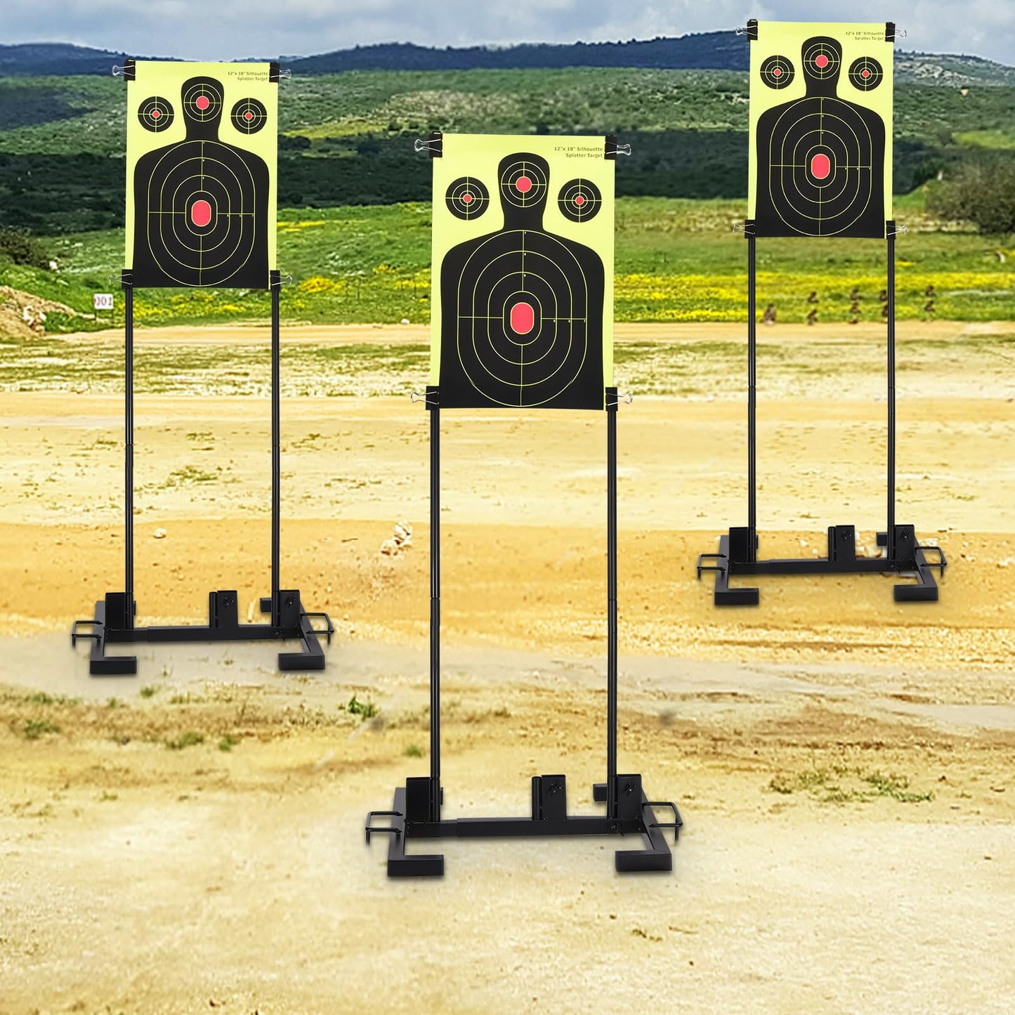 Shooting Target Stand Set, Adjustable Shooting Target Stand with 10pcs Paper Targets, Two Mounting Options for Outdoors, Stable Paper Holder with Metal Poles and Ground Nails (Black)