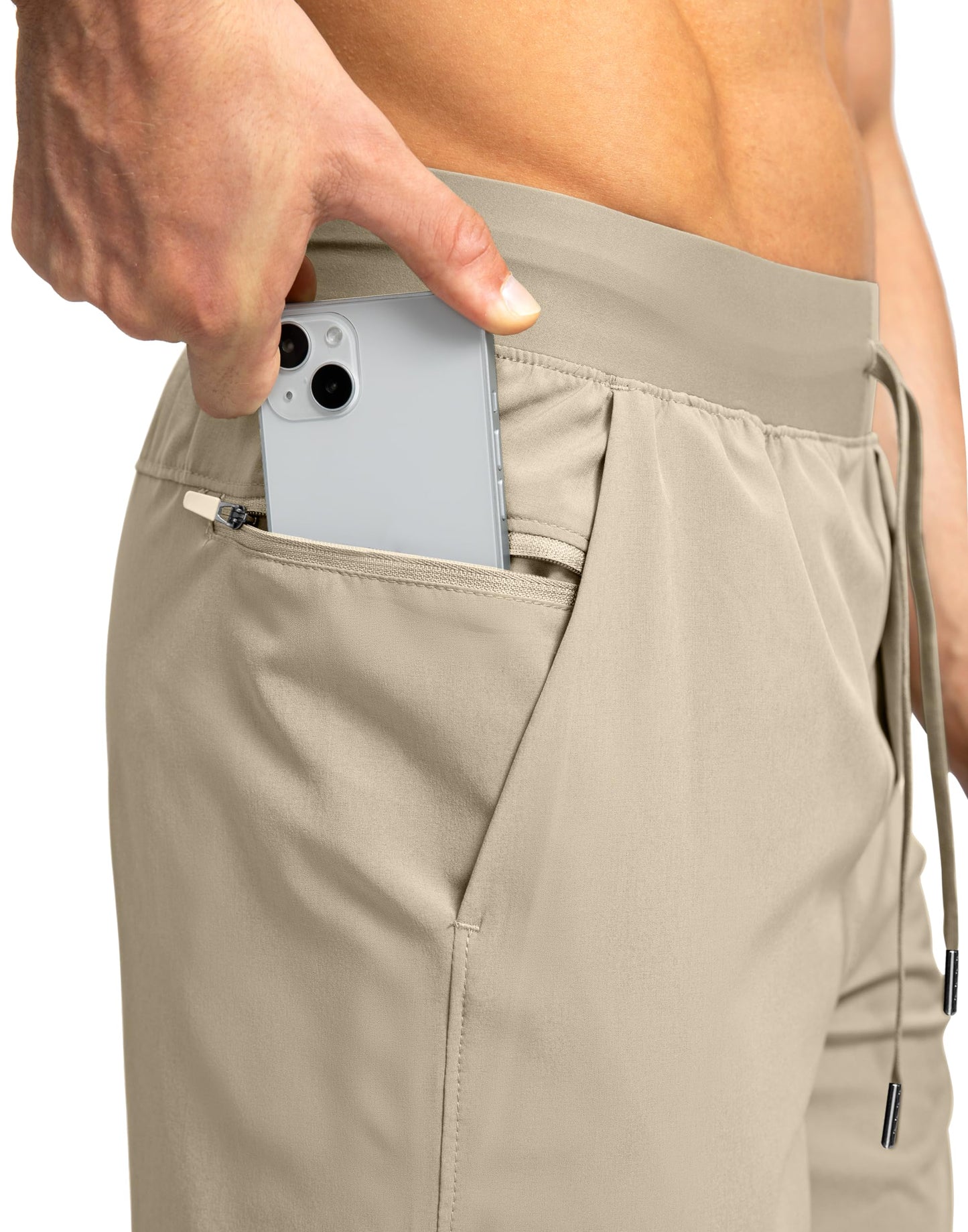 Soothfeel Men's Running Shorts with Zipper Pockets 7 Inch Lightweight Quick Dry Gym Athletic Workout Shorts for Men (Khaki, XS)