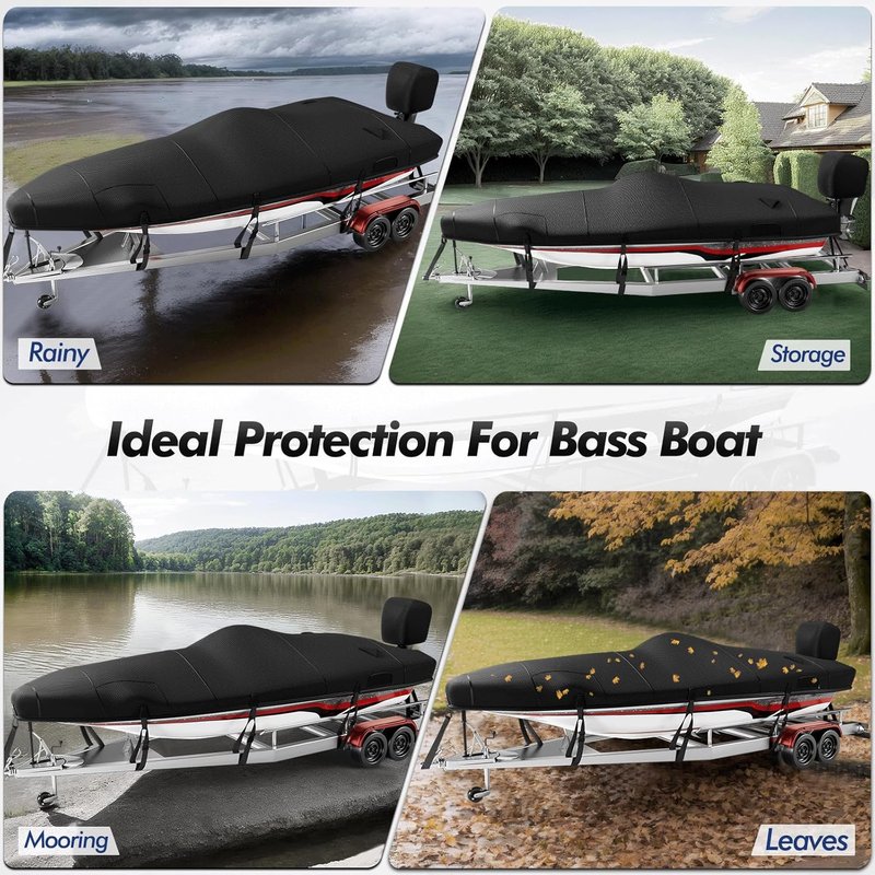 Heavy Duty Boat Cover - 1200D Waterproof Protection for 17-19ft Bass Boats | Ratchet Hem Tightening, Black