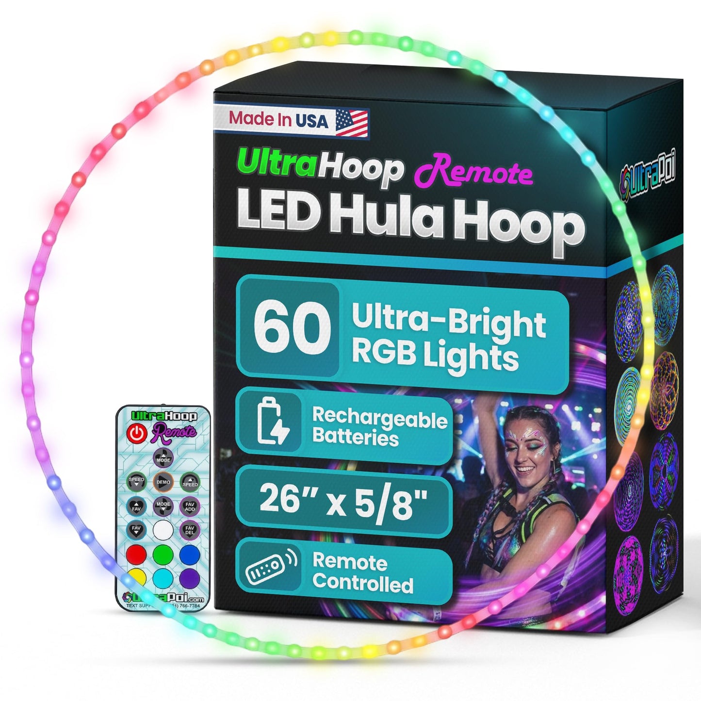 UltraHoop Remote LED Hoop - Wireless Control 60 Color Changing LED Lights w/ 300+ Modes & Patterns - Rechargeable Battery, HDPE Collapsible, Advanced to Beginner Hula Hoops - 26” x 5/8" OD - UltraPoi