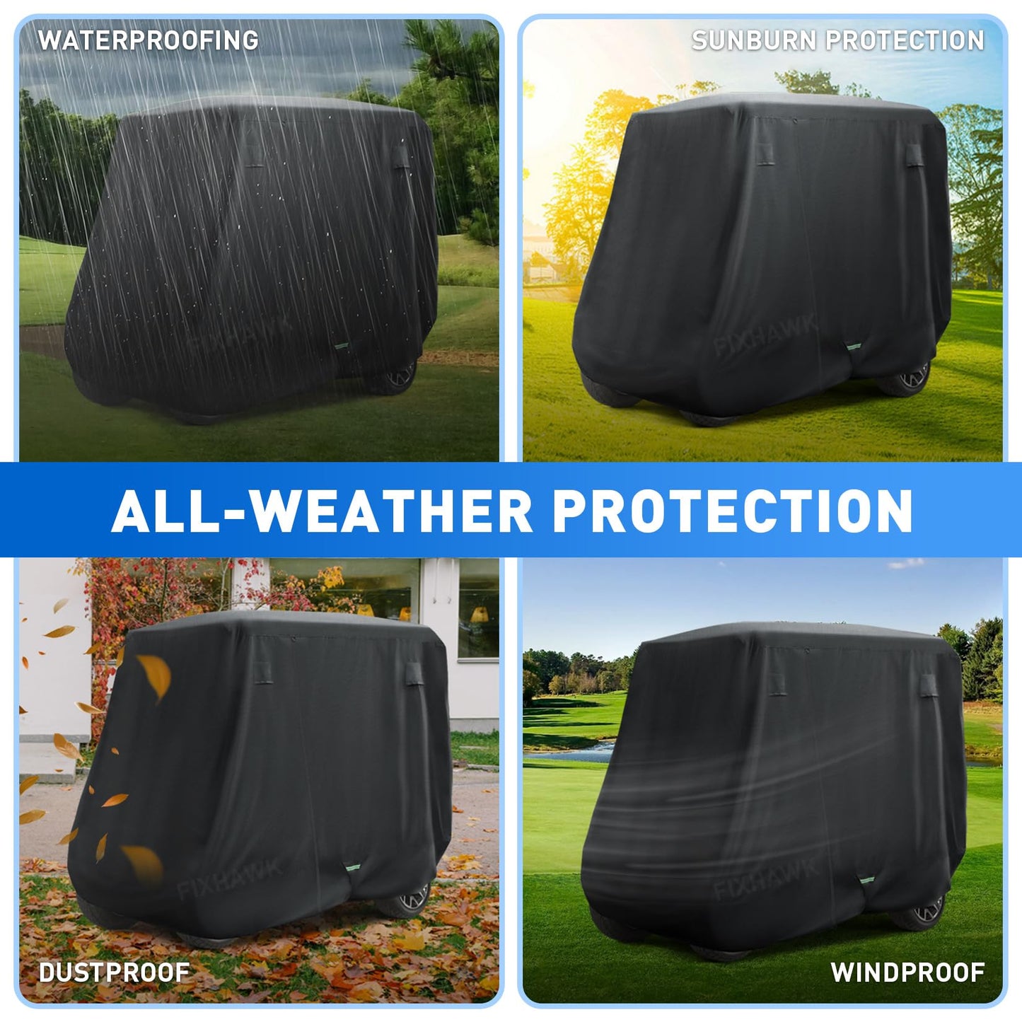 FIXHAWK 2/4 Passenger Golf Cart Cover for Club Car, EZGO,Yamaha Model, 420D PU Oxford Fabrics Waterproof Golf Cart Covers All-Weather Protection Full Cover 3-Zipper (Black)
