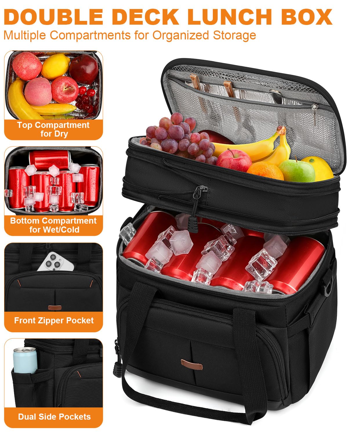 Pritent Lunch Box for Men Women Double Decker Insulated Lunch Bag for men