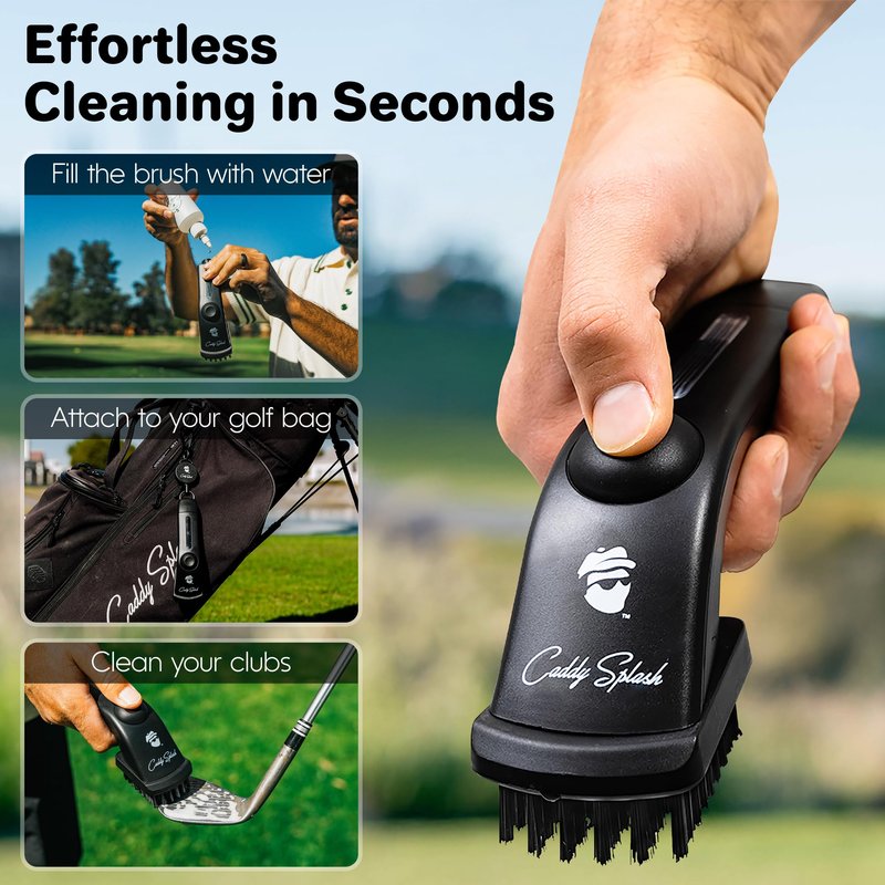 Caddy Splash Golf Club Brush Pro with Water- Heavy Duty Retractable Clip- Push Button for Easy Cleaning- Nylon Bristles- Holds 4 Oz- Golf Accessories for Men- Best Golf Gift - USA Company (Black)