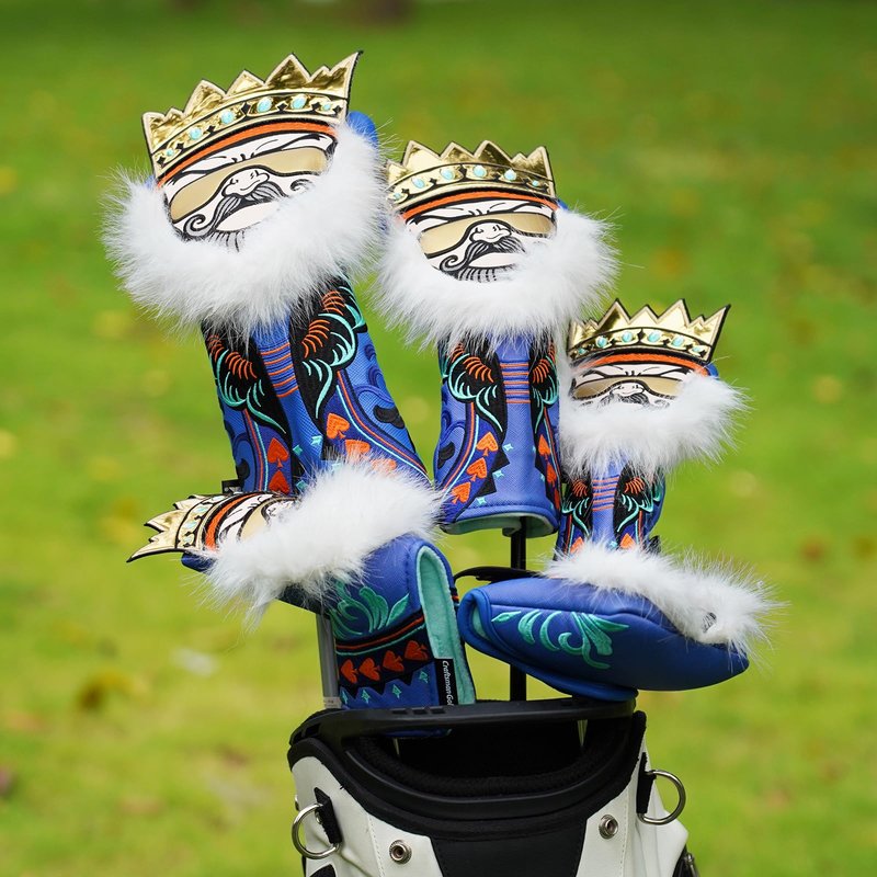 Craftsman Golf Synthetic Leather King with Crown and Beard Blue Golf Club Hybrid Rescue Headcover Cover with Interchangeable Tag