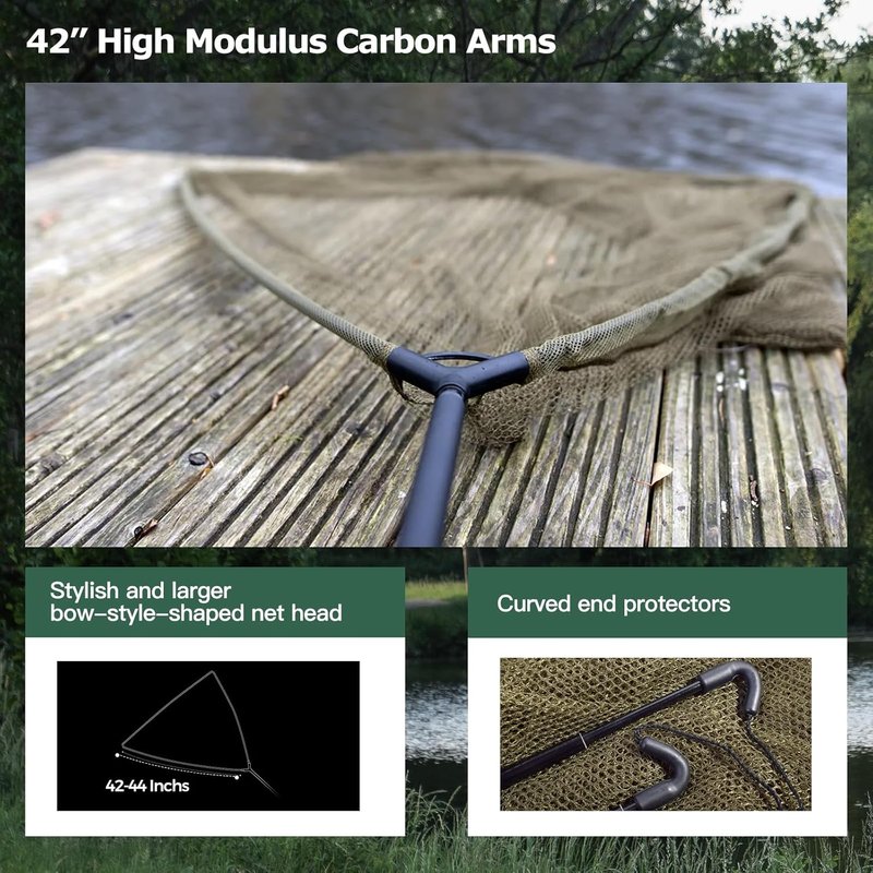 Carp Fishing Landing Net - 42 Inch Extra Large Carbon Fiber Net | 6 Feet Long Handle, Holds Up to 88lbs, Olive Green