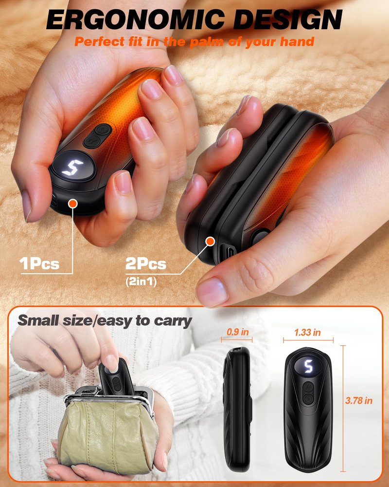 Funaudio Hand Warmers Rechargeable 2 Pack - 6000mAh Electric AI Handwarmers with LED Display, 5-Level, 2 in 1 Portable Heater, Warm Gifts for Women/Men/Golf/Camping/Hunting/Travel/Outdoor/Indoor