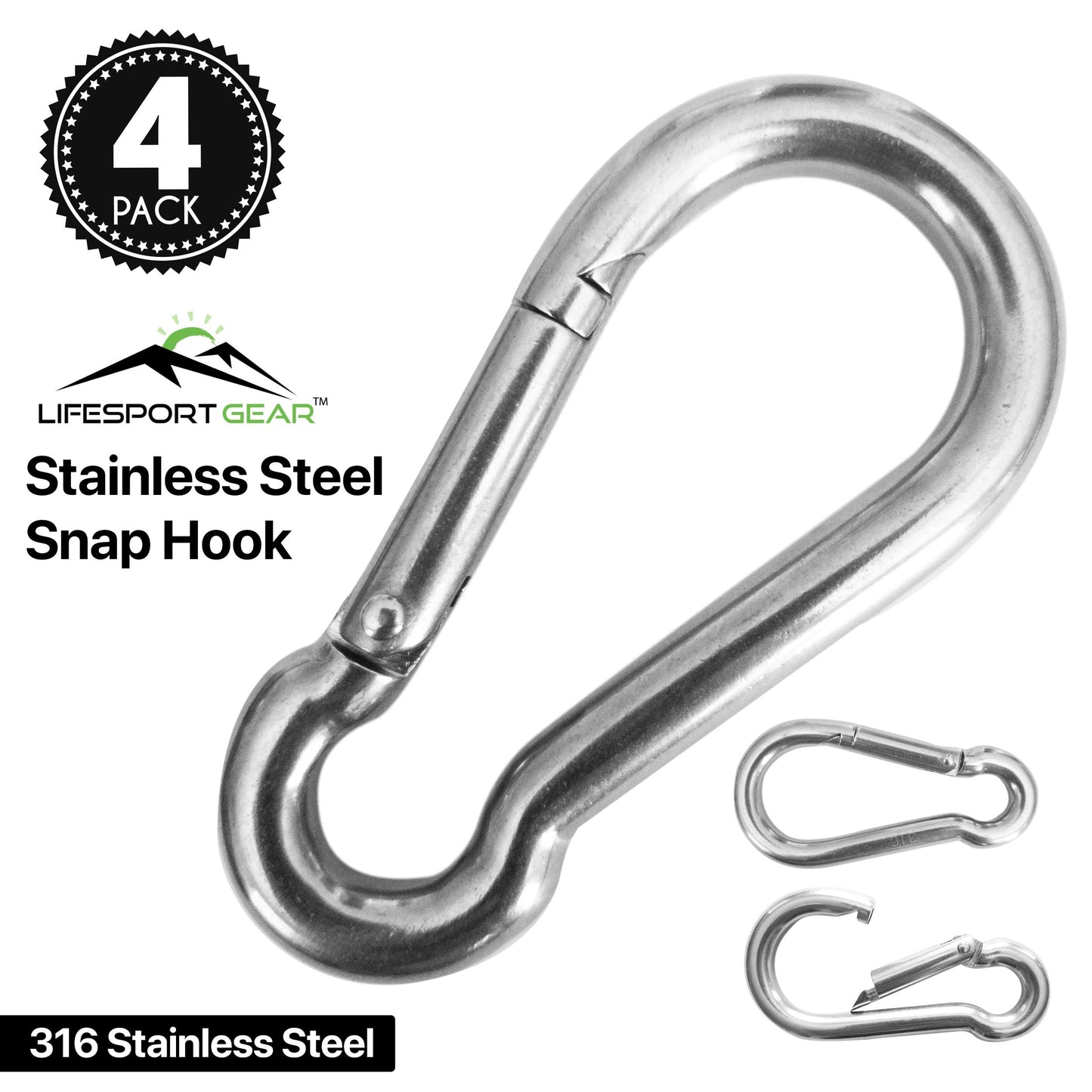 Marine Grade 316 Marked Stainless Steel Carabiner Clips, Heavy Duty Spring Snap Hooks for Gym, and Outdoor Activities (3 Inch, 4 Pack)