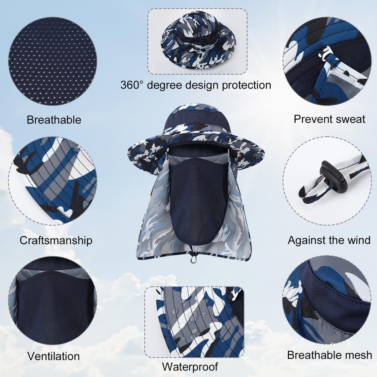 Zhamate 4 Pack Sun Hats for Men Women UPF 50+ Wide Brim Fishing Bucket Hat Summer Outdoor UV Protection Adjustable Neck Flap