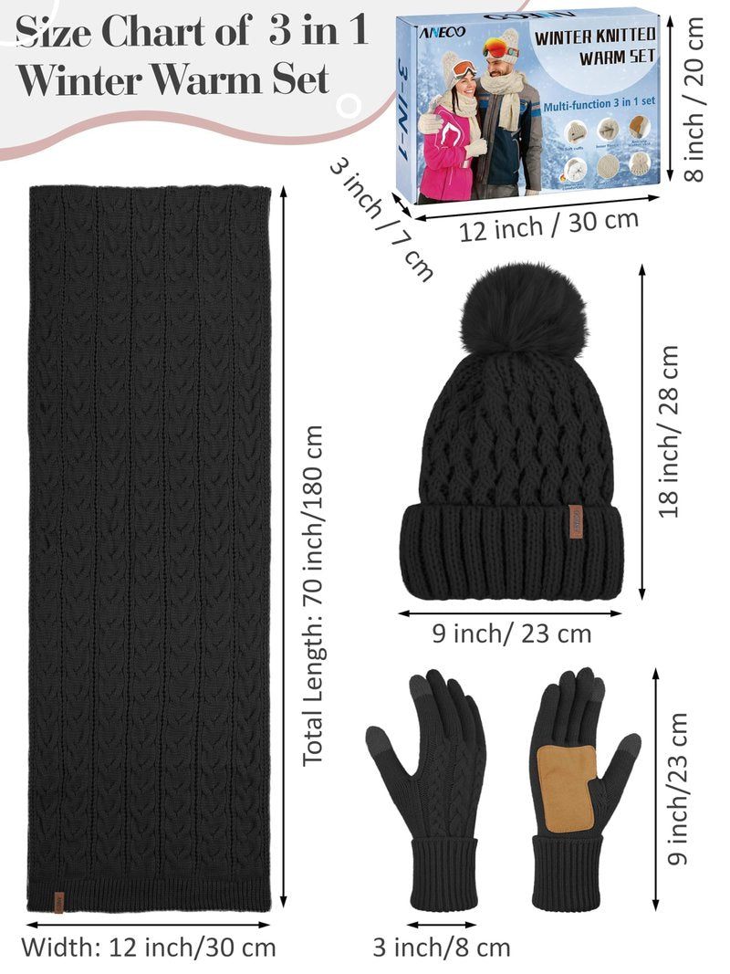 Aneco Women Winter Beanie Hat Scarf Gloves with Pom Pom Fleece Lined Touchscreen Gloves Set Thick Warm Knit Cap 3-in-1 Set Black