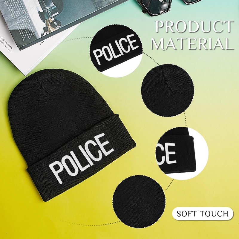 Panitay 6 Pcs Cuffed Beanie Knitted Beanie Hat Embroidered Hat Black Winter Skull Cap for Men Women (Police)