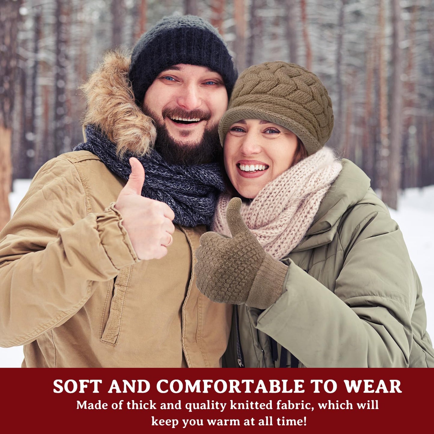 SATINIOR 4 Pieces Women Winter Hats and Gloves Set Touchscreen Gloves Warm Knitted Beanie and Mittens for Women Men(Black,Dark Khaki)