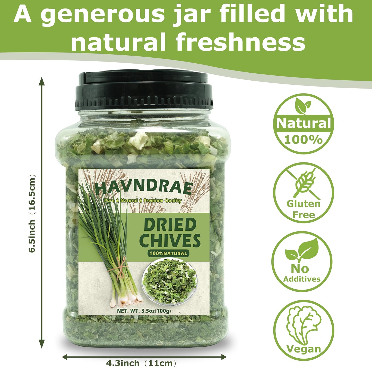 3.53 oz Premium Freeze-Dried Chives Flakes, Natural Thin Delicate Chive Seasoning for Soups, Sauces, Salads & Dips, Gluten-Free, No Additives, Fresh Green Herb for Cooking